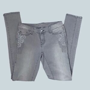 Cache Gray Straight Leg Embellished Beaded Jeans SZ 0